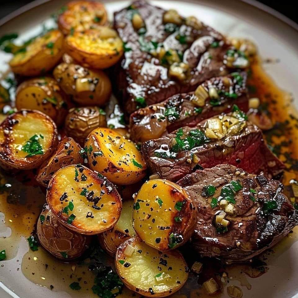 Bistec con mantequilla de ajo y patatas