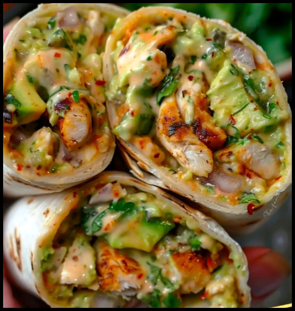 BURRITO DE POLLO CON AGUACATE Y SALSA.