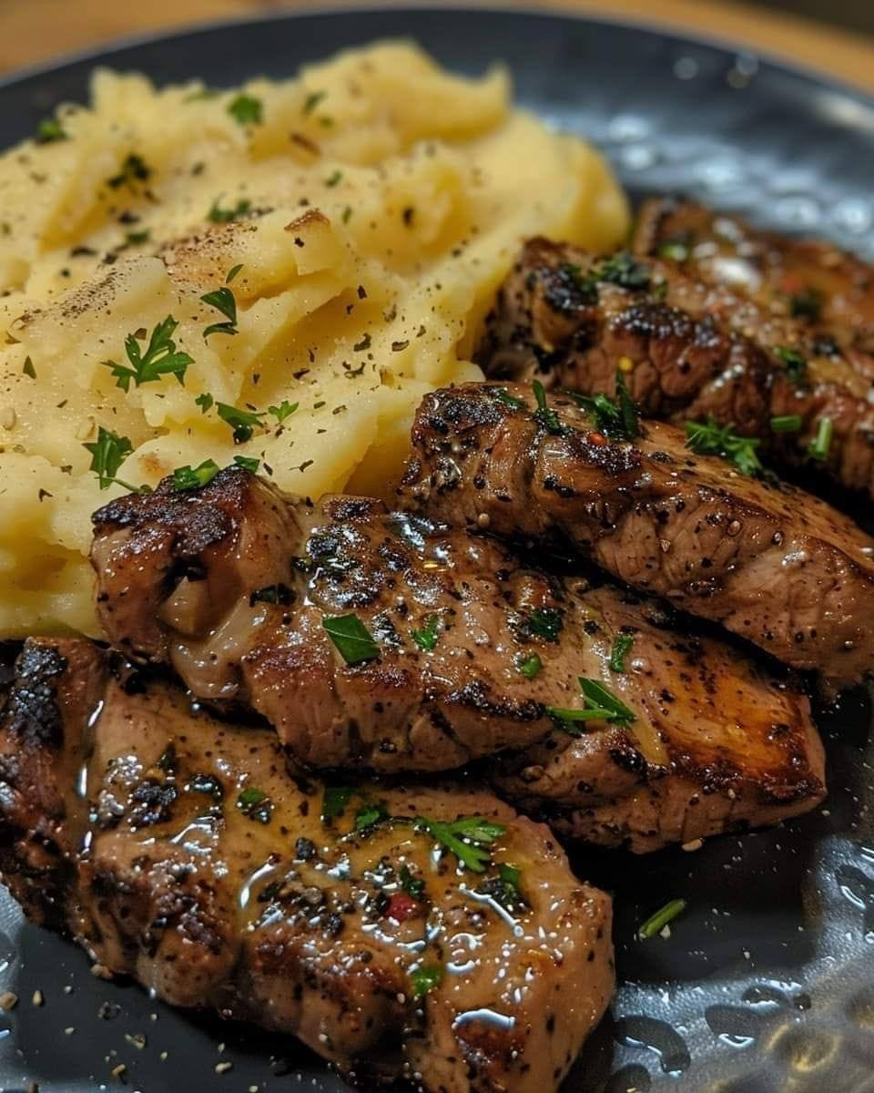 Bocaditos de filete con mantequilla de ajo y puré