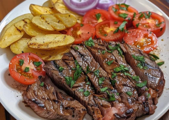 Filete a la parrilla con ensalada de tomate y cebolla y patatas fritas