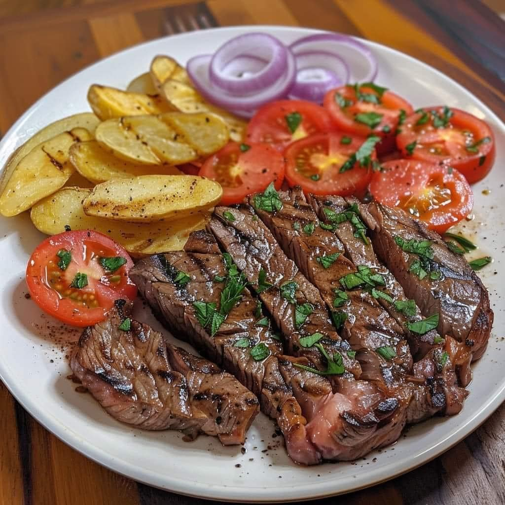 Filete a la parrilla con ensalada de tomate y cebolla y patatas fritas