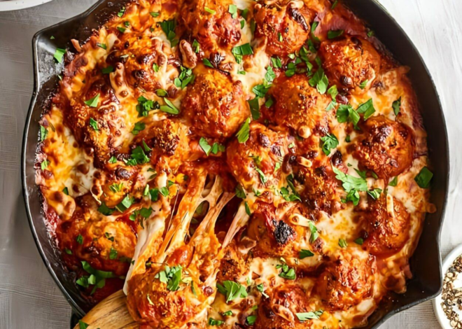 Albóndigas de pollo con parmesano y queso en sartén