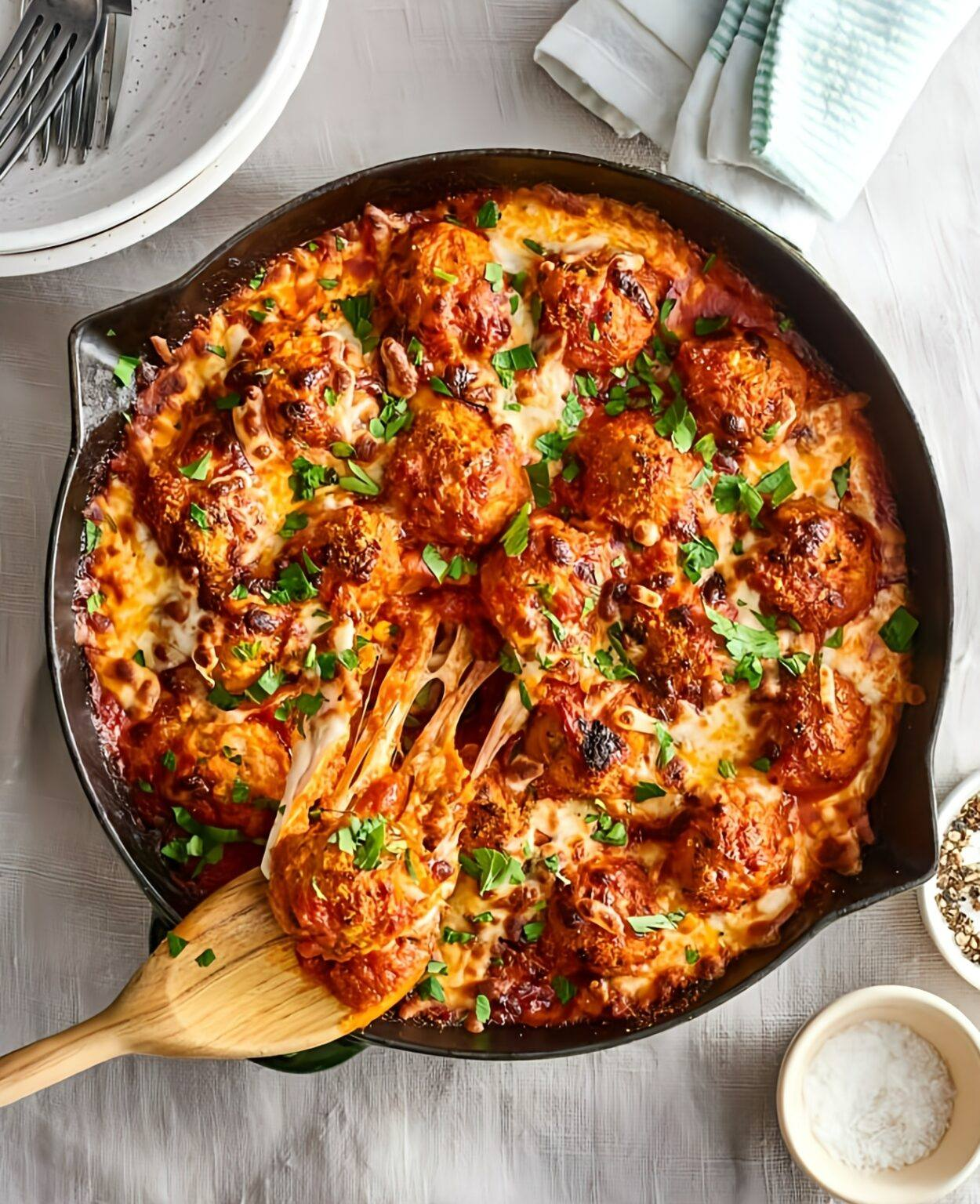 Albóndigas de pollo con parmesano y queso en sartén