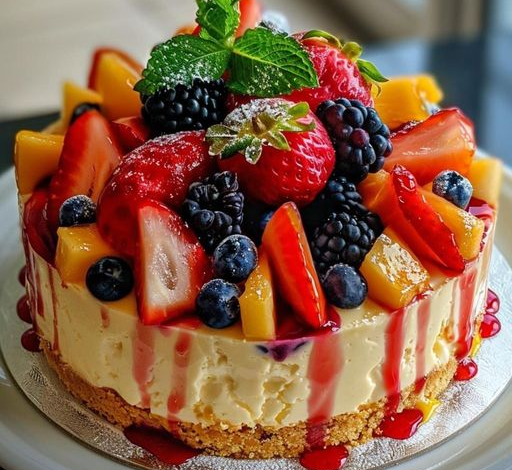 Tarta de Queso con Ensalada de Frutas