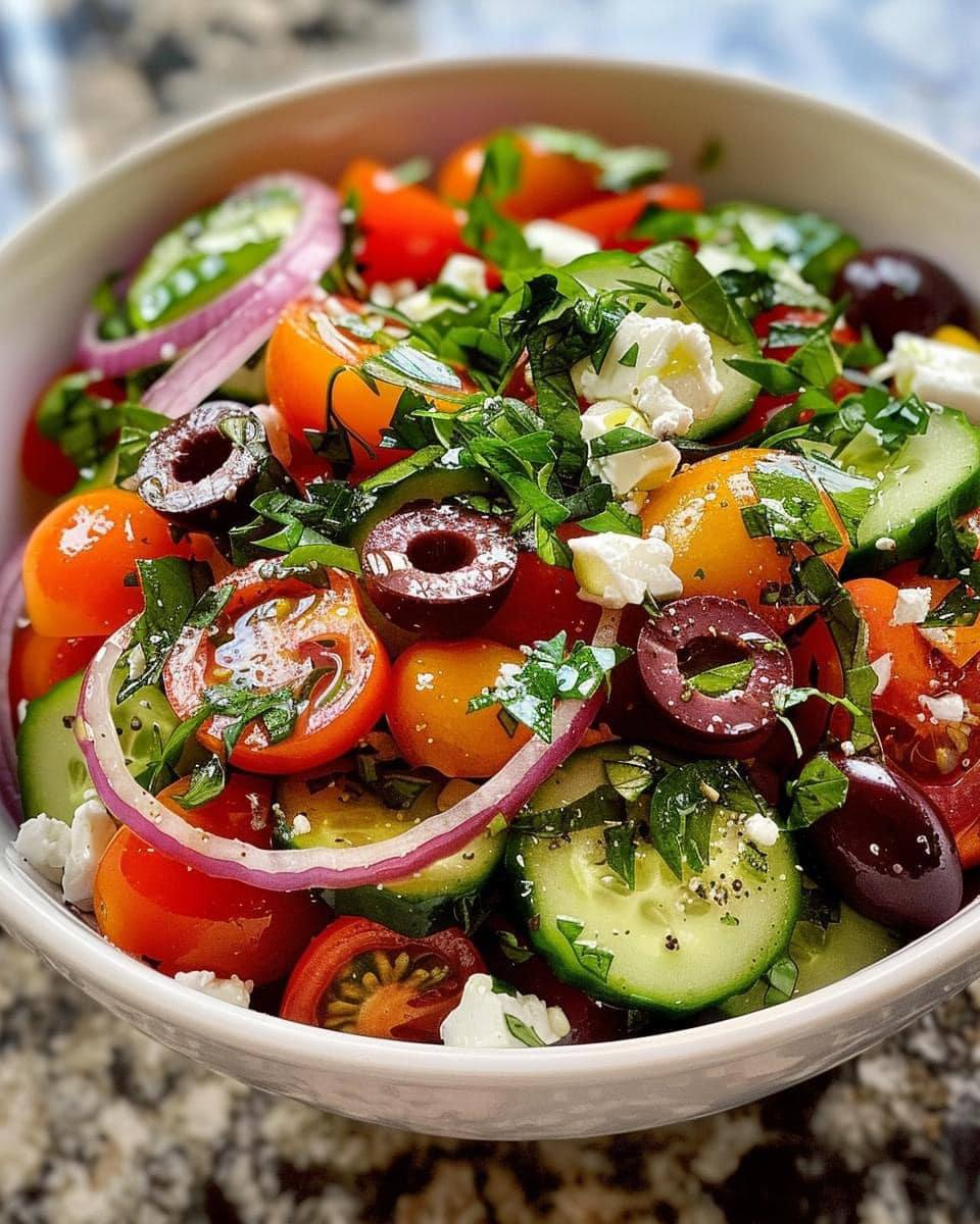 ENSALADA MEDITERRÁNEA DE PEPINO, TOMATE Y ACEITUNAS