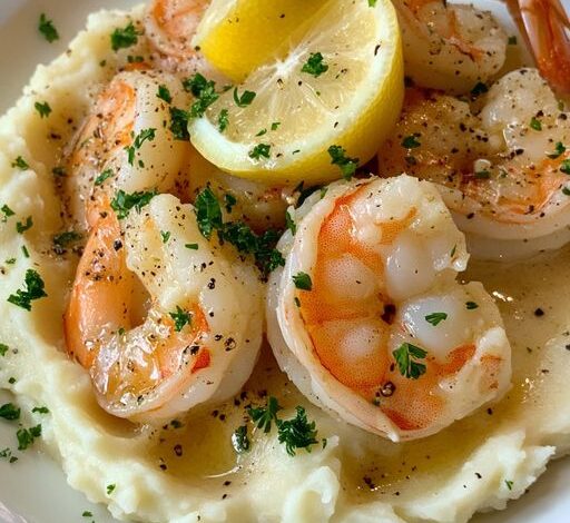 Camarones con mantequilla de ajo y puré de papas