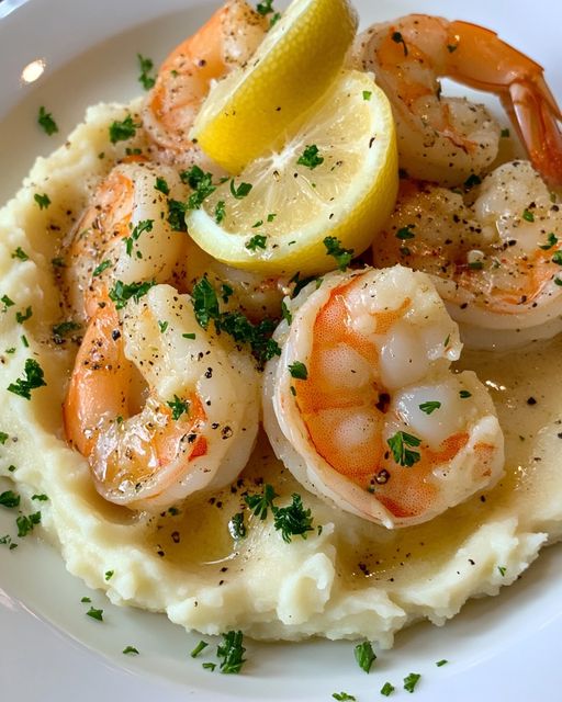 Camarones con mantequilla de ajo y puré de papas