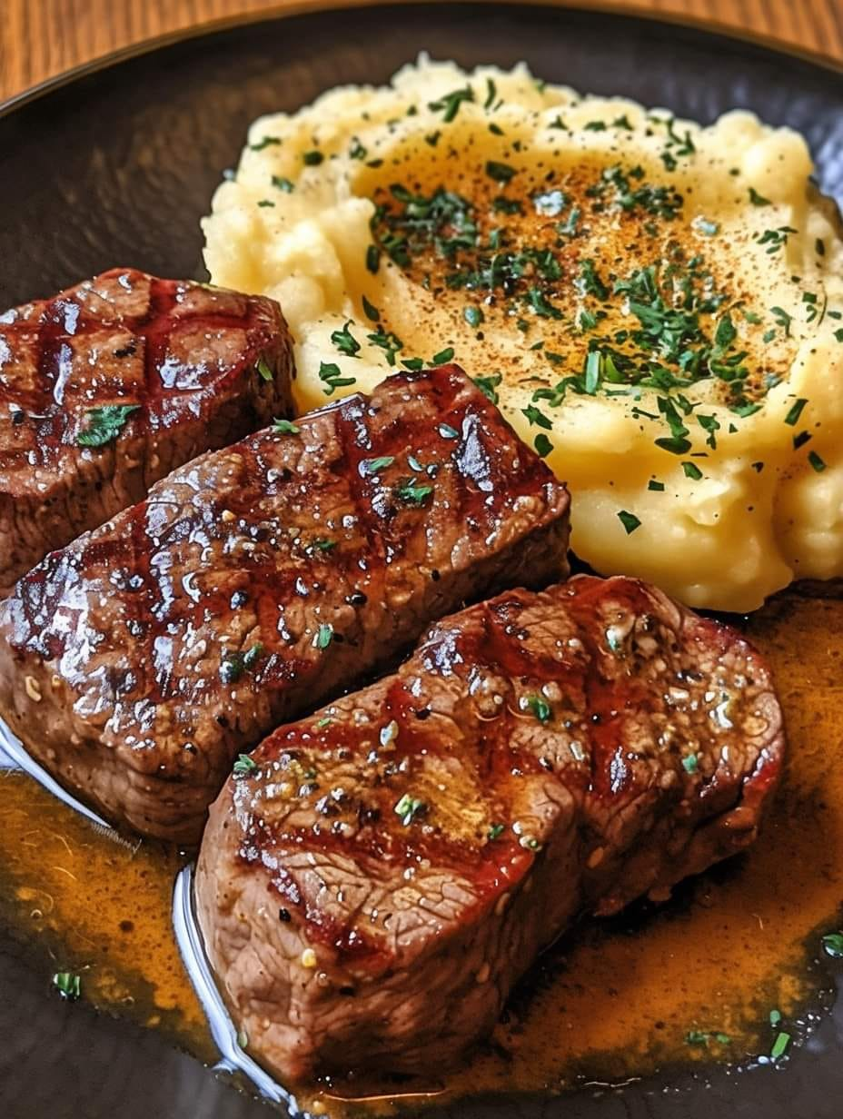 Bocados de filete y mantequilla de ajo y puré