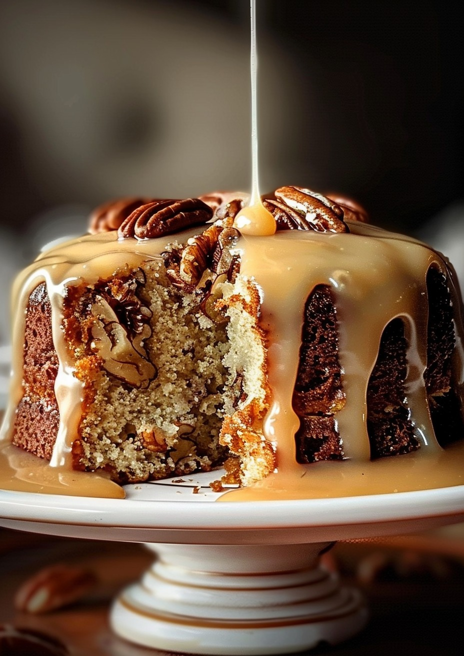 Pastel de praliné de nueces pecanas con salsa de mantequilla