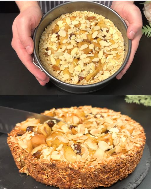 Pastel de manzana y avena con hojuelas de almendras