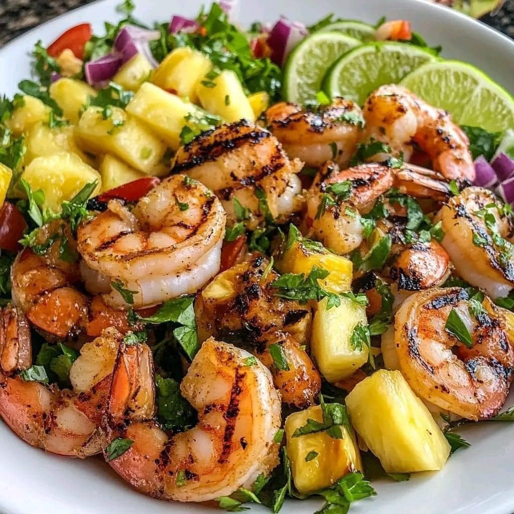 Ensalada de camarones a la parrilla con salsa de piña