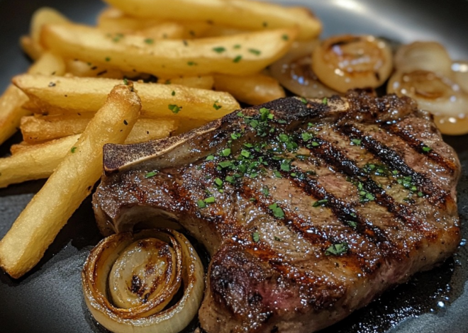 Filete Ribeye con cebolla francesa y papas fritas