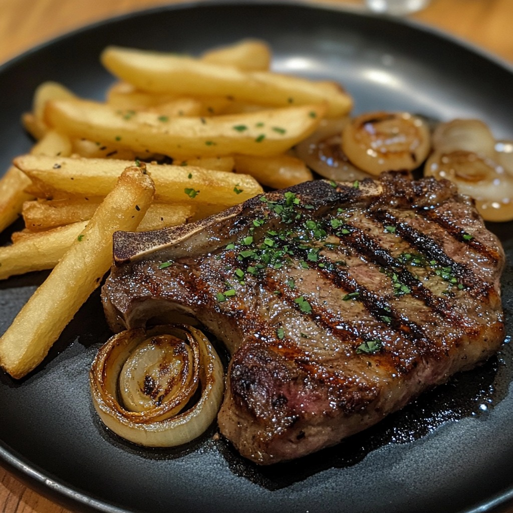 Filete Ribeye con cebolla francesa y papas fritas