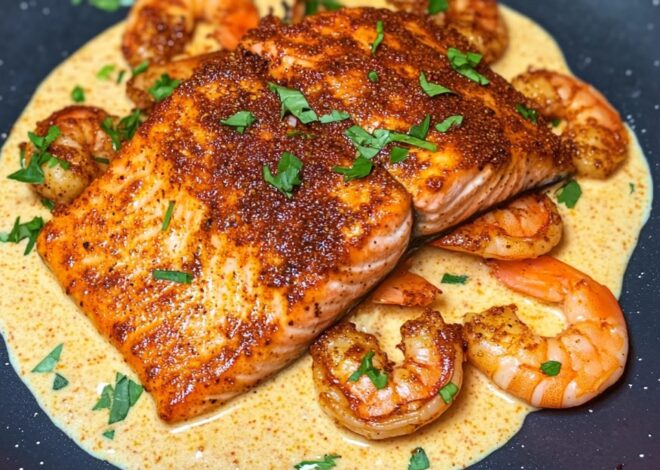 Salmón y Camarones con Salsa Crema Cajún