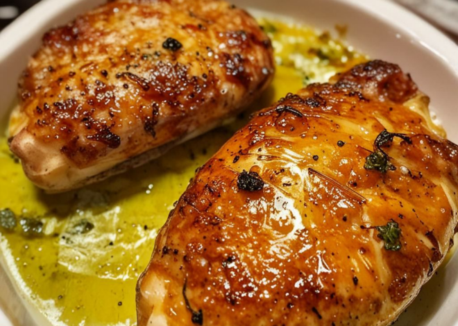 Muslos de pollo cocinados al horno con un glaseado dulce de ajo y miel.