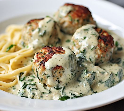 Albóndigas De Pollo Ricotta Con Salsa Alfredo De Espinacas