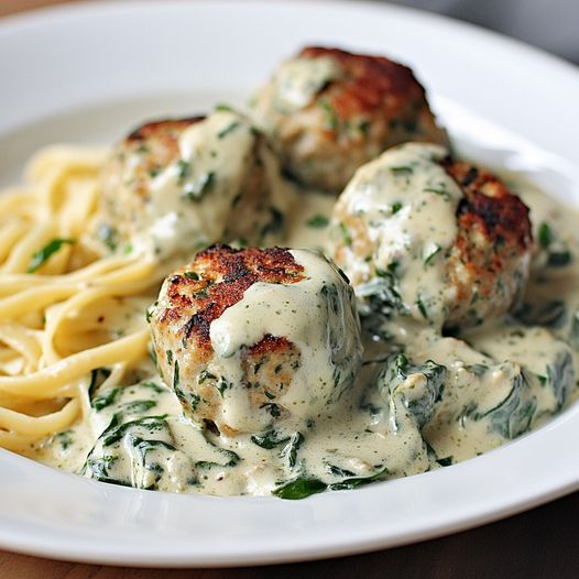 Albóndigas De Pollo Ricotta Con Salsa Alfredo De Espinacas