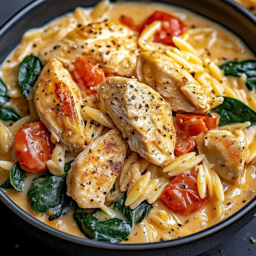 Orzo cremoso de pollo con espinacas y tomates