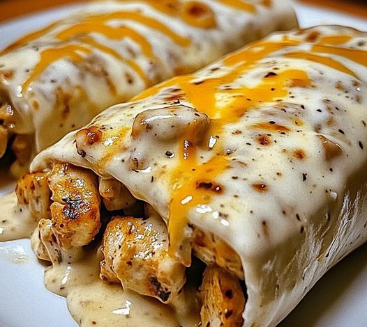 Pollo tierno envuelto en tortillas con una rica y cremosa salsa de queso