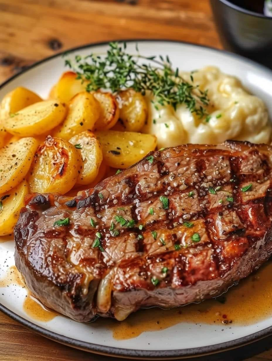 BISTEC DE RIBEYE CON PATATAS GRIETAS CON QUESO