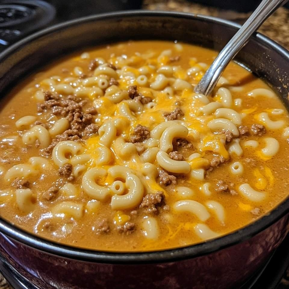 Sopa de macarrones con queso y hamburguesa en una sola olla