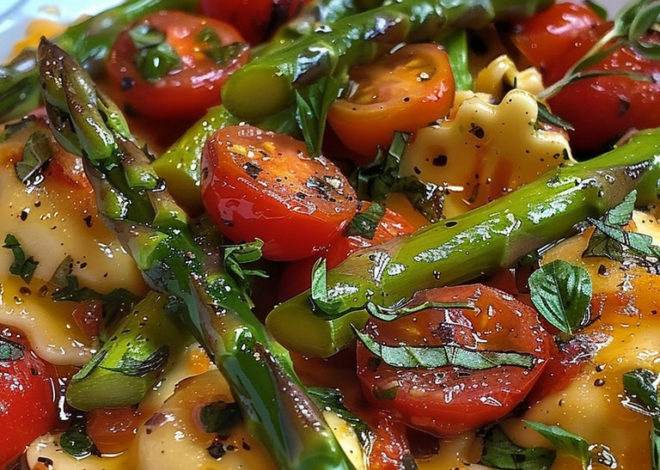 Ravioles con tomates, espárragos, ajo y hierbas