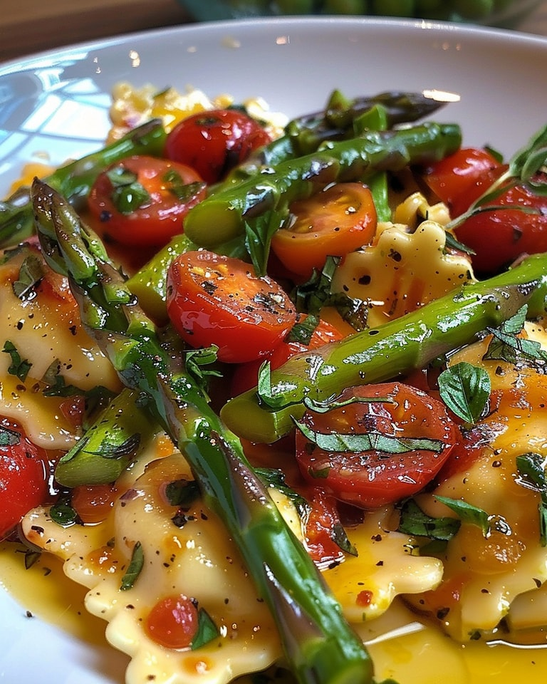 Ravioles con tomates, espárragos, ajo y hierbas