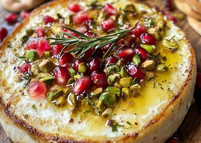 Queso de cabra tibio con granada, pistachos y miel de romero