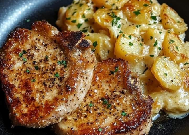 Chuletas de cerdo con parmesano y ajo y patatas gratinadas con queso