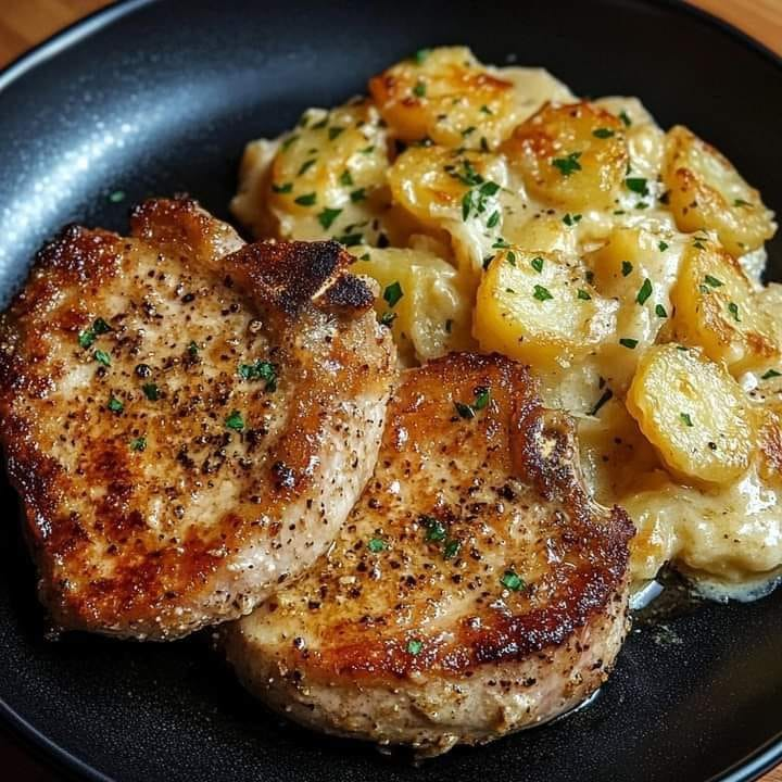 Chuletas de cerdo con parmesano y ajo y patatas gratinadas con queso