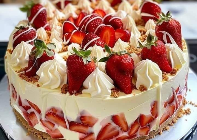 Tarta de queso y fresas con chocolate blanco