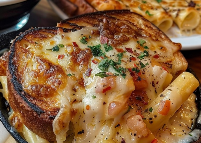 Pasta con queso a la parrilla, pan con ajo y cangrejo real