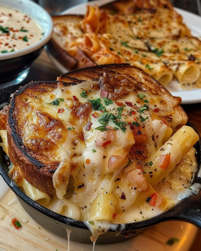 Pasta con queso a la parrilla, pan con ajo y cangrejo real