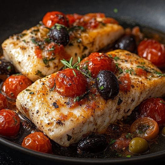 Lomo de bacalao a la provenzal con tomates cherry y aceitunas: