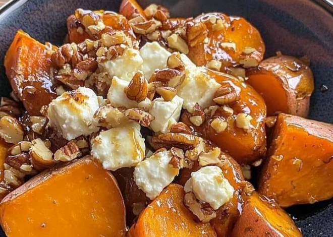 Batatas dulces asadas con queso de cabra, nueces y arce