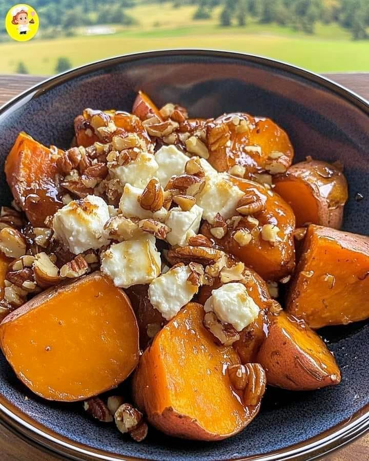 Batatas dulces asadas con queso de cabra, nueces y arce