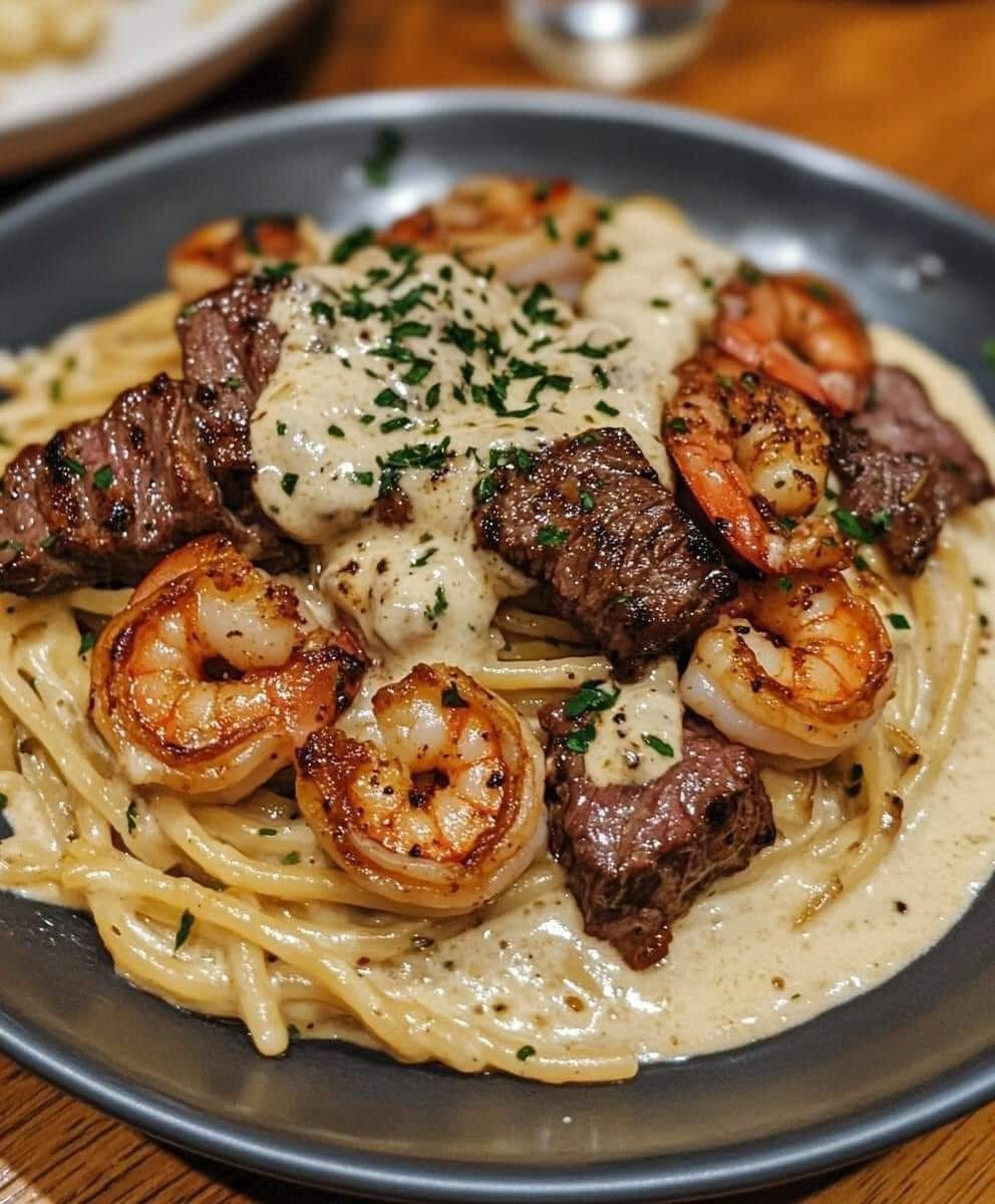 Pasta Alfredo con camarones y bistec al estilo cajún