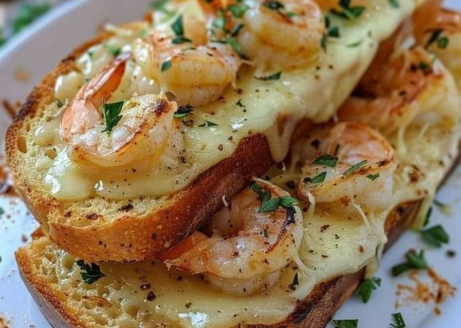 Pan de ajo con queso, camarones y queso asado