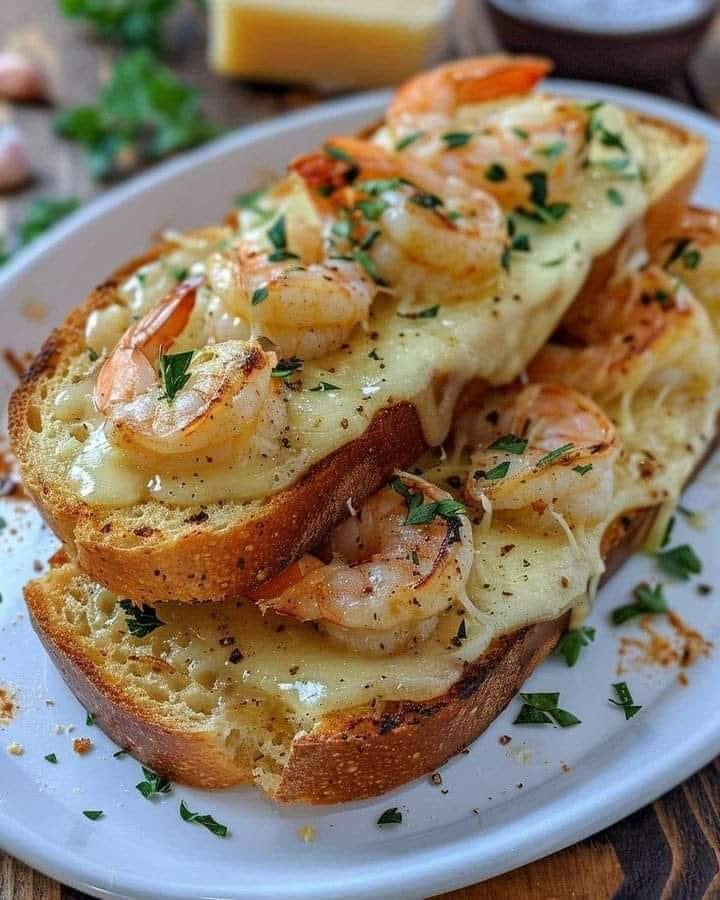 Pan de ajo con queso, camarones y queso asado