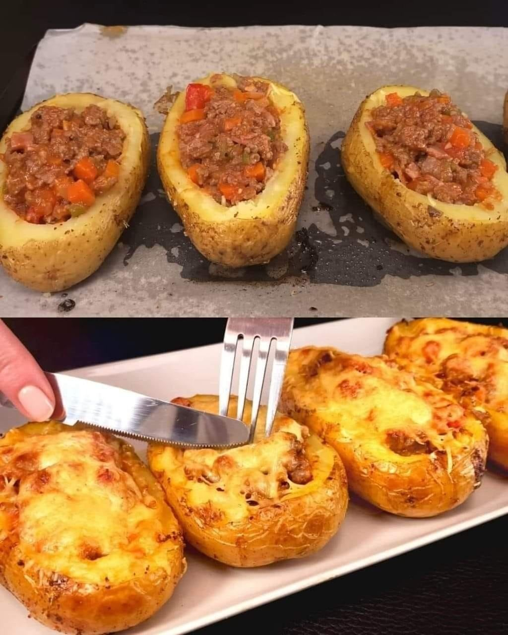 Patatas rellenas de carne y queso, horneadas dos veces.