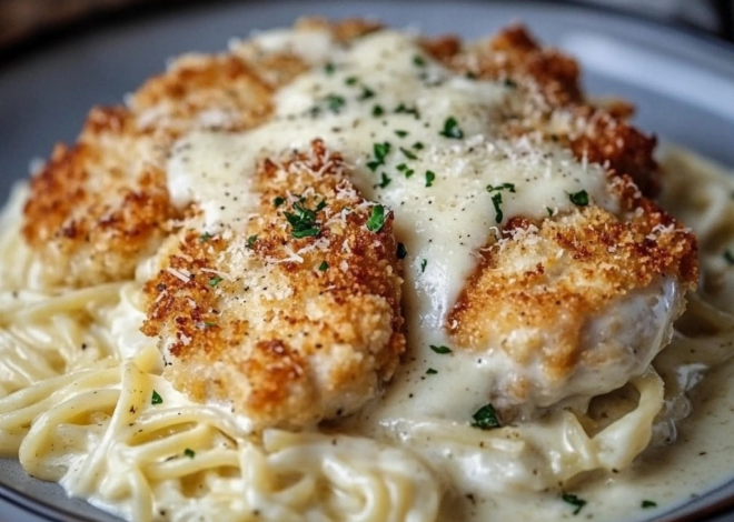 Pollo Alfredo con costra de parmesano