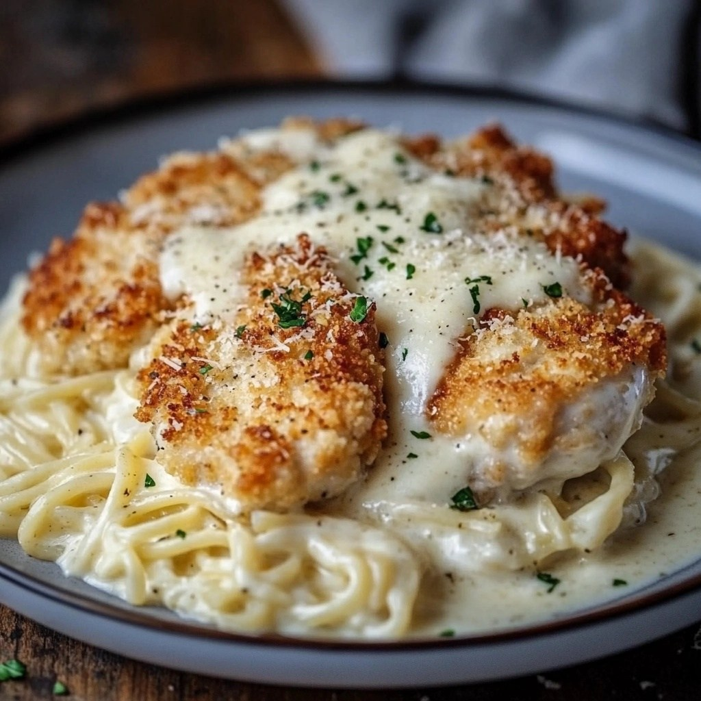 Pollo Alfredo con costra de parmesano