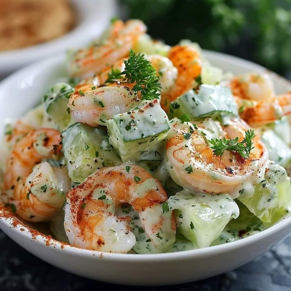 Ensalada cremosa de pepino y camarones