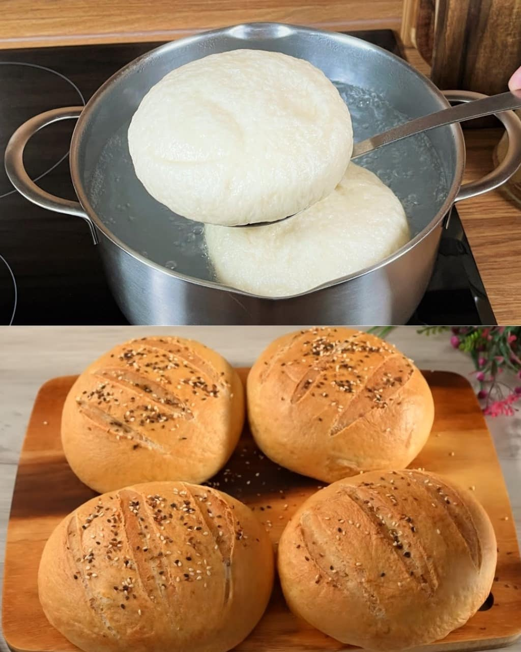 Bolitas rústicas de pan hervido con cobertura de semillas de sésamo