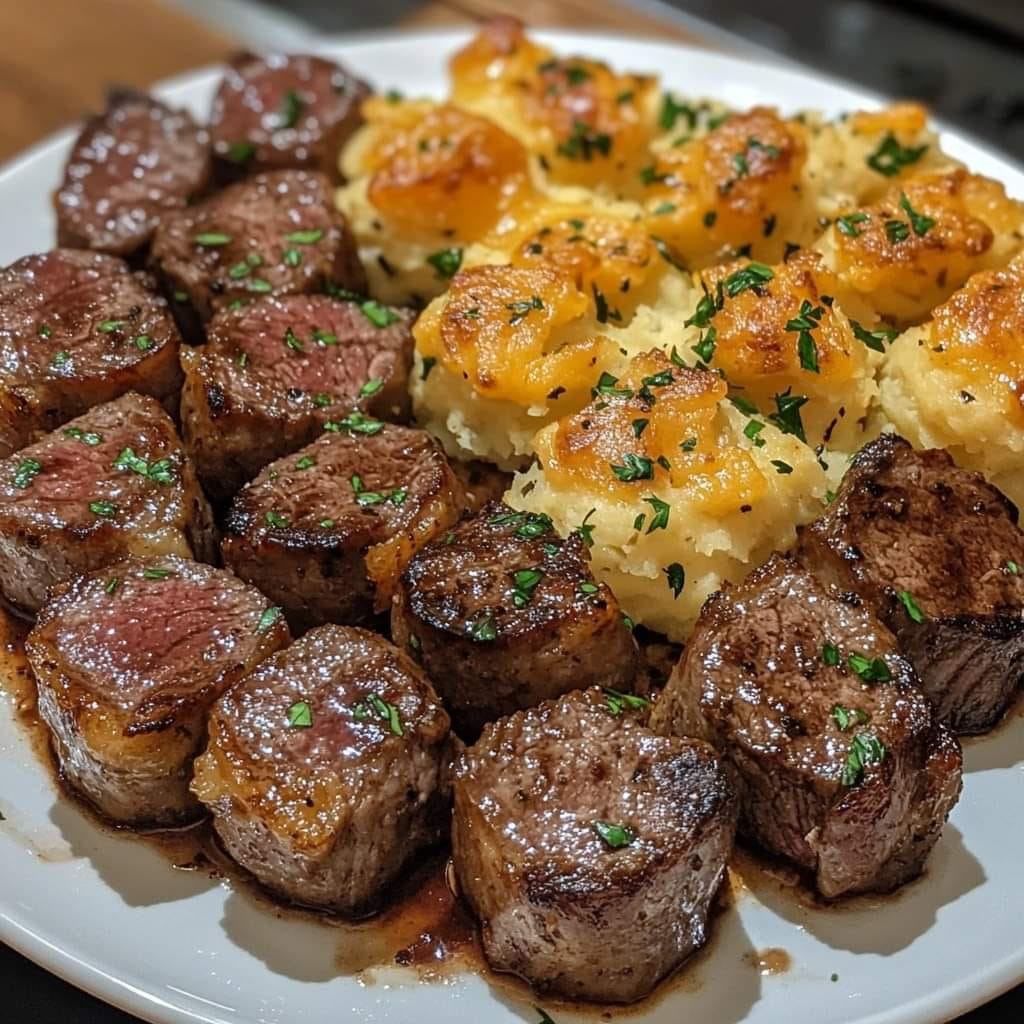 Bocaditos de bistec de costilla y puré de papas con queso