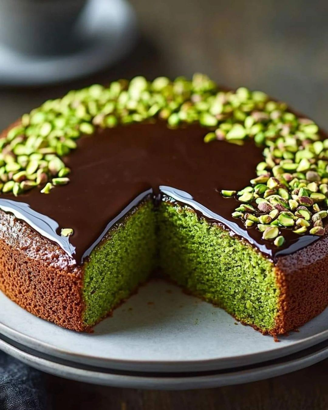 Pastel de pistacho sin harina con ganache de chocolate