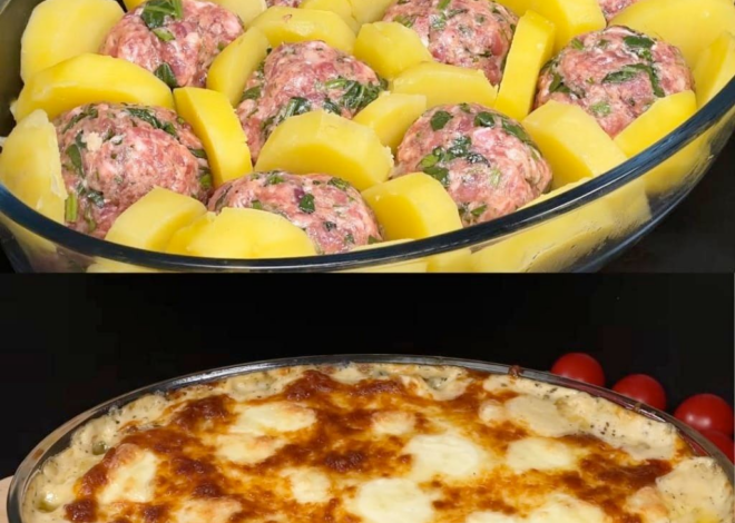 Cazuela de patatas y carne al horno con salsa cremosa de espinacas y champiñones