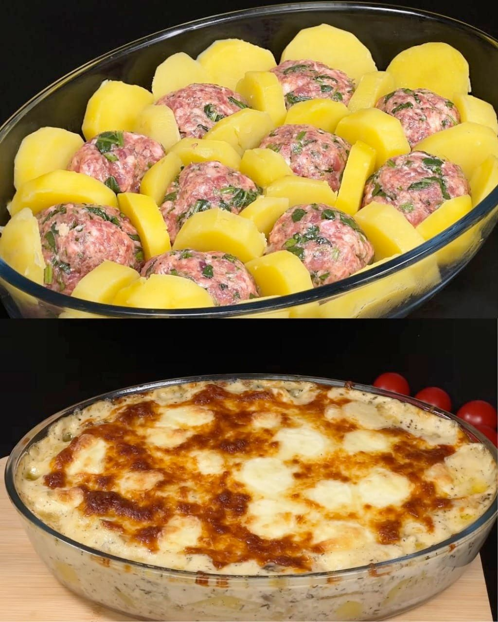 Cazuela de patatas y carne al horno con salsa cremosa de espinacas y champiñones