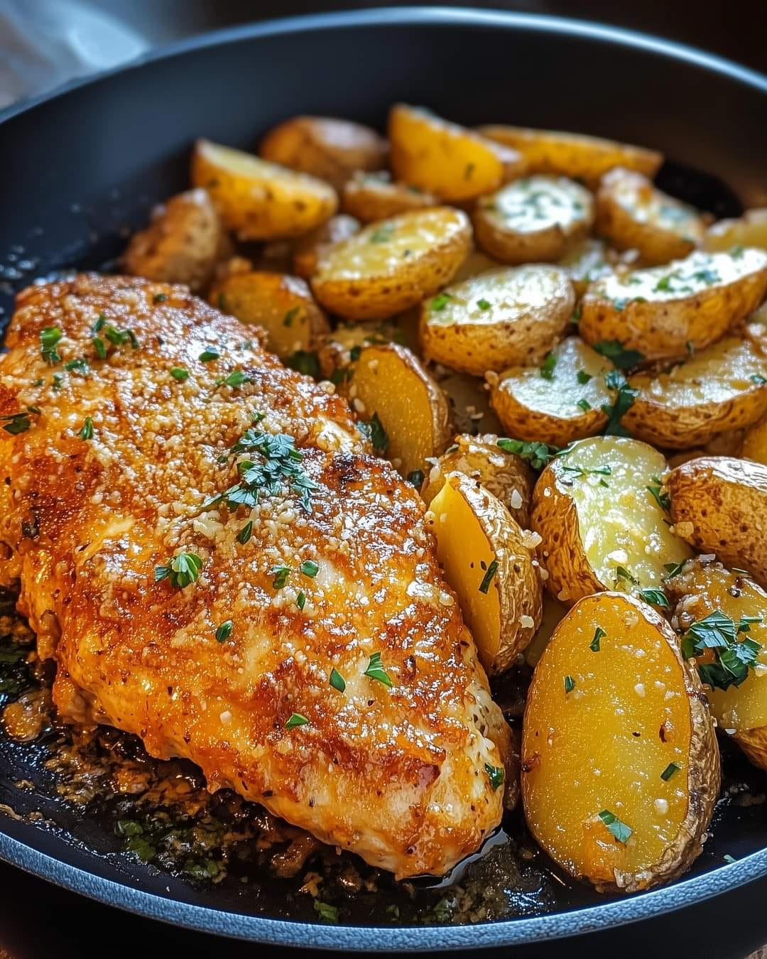 Pollo con parmesano y ajo en sartén con patatas crujientes