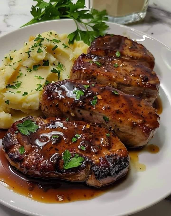 Chuletas de cerdo con miel y ajo con puré de patatas